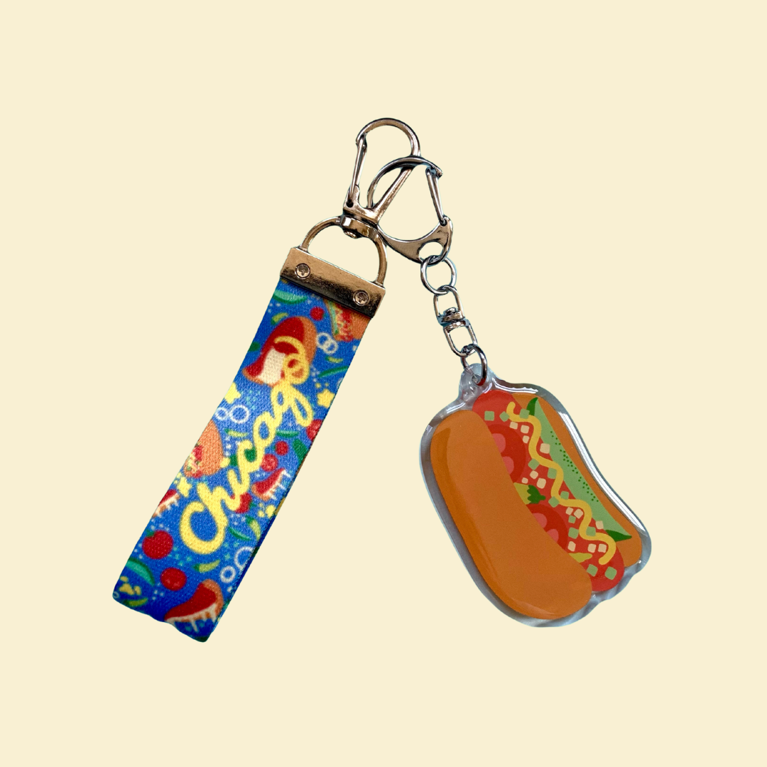 Chicago Hot Dog Charm and Lanyard Keychain Set