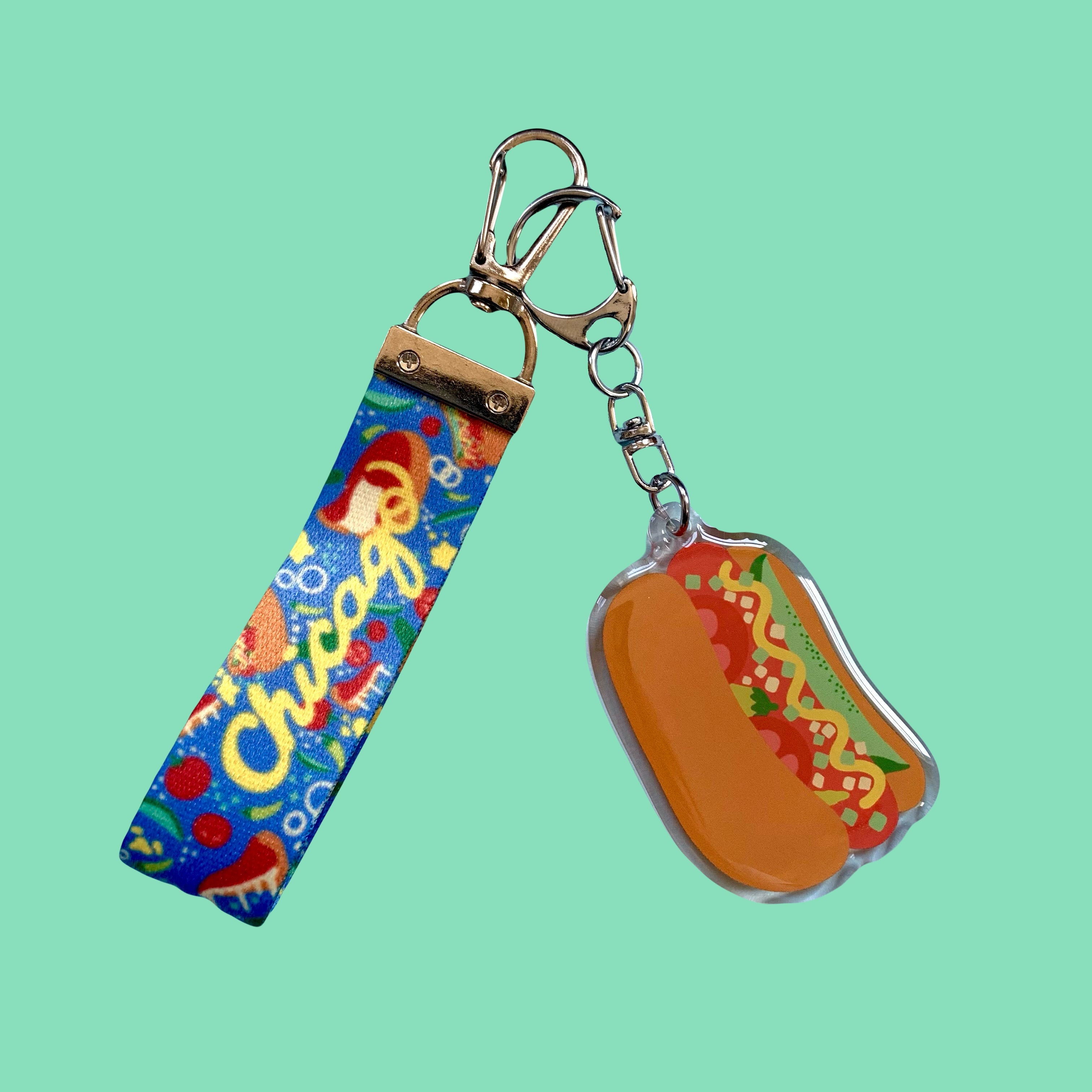 Chicago Hot Dog Charm and Lanyard Keychain Set